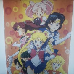 Vintage Sailor Moon and Ladies Fabric Wall Art Scroll 