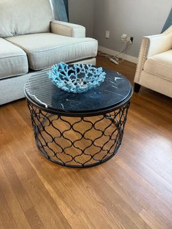 Round Coffee Table Black Marble Top Metal Base