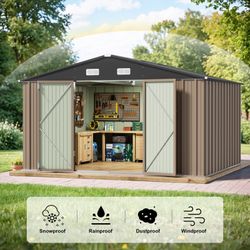 New 10' x 10' Metal Tool Storage Shed with Lockable Doors for Outdoor Garden Patio Backyard, Brown  New in box ps23 0406c *  * Superior Durability: Th