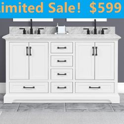 60-in Carrara White Bathroom Vanity with Natural Marble Top,3504-C833D Clearance Sale