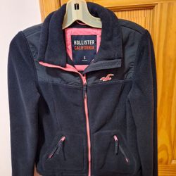 Hollister Women’s Navy With Pink Zipper Fleece Full Zip Jacket Size Small (S)
