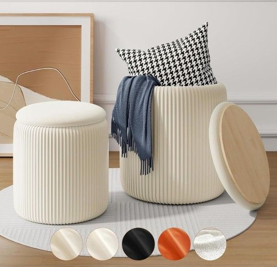 New. Set of 2 White Velvet Ottomans