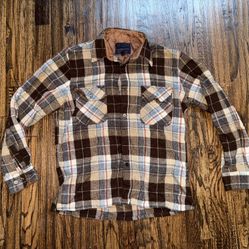 Vintage Korea Woodland Flannel Shirt Sz Medium Brown Plaid 100% Virgin Wool