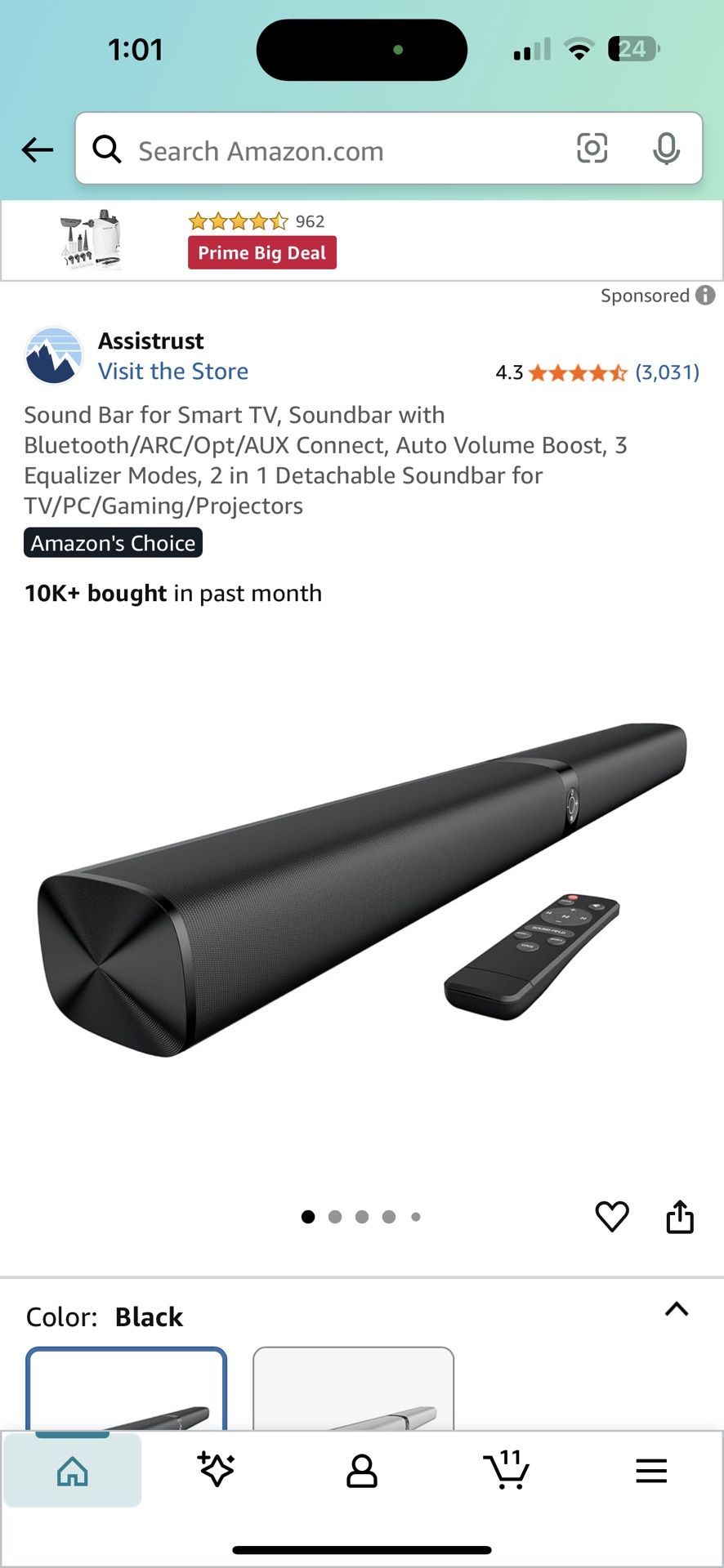 Sound Bar for Smart TV, Soundbar with Bluetooth/ARC/Opt/AUX Connect, Auto Volume Boost, 3 Equalizer Modes, 2 in 1 Detachable Soundbar for TV/PC/Gaming