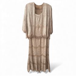 NWT Damianou Metallic Gold Lace Crochet Fringed Maxi Dress & Jacket 3 Pieces