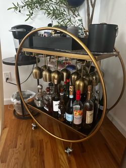 Modern Gold & Black Bar Cart with Wine Glass Rack & Rolling Wheels