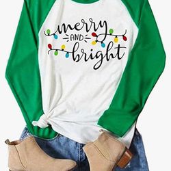 Christmas Tshirt Women  Print long Sleeve Baseball Tshirt Blouse Tee Tops size Small To 2XL ( compare $19 is Amazon price ) very stretchy
