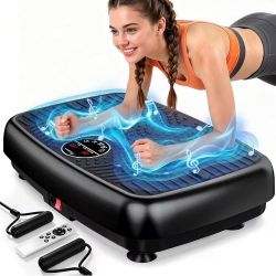 Vibration Plate Exercise Machine, EvoSpark Dual Motor Vibration Plate for Lymphatic Drainage & Speaker with Music, Magnetic Massage, Resistance Bands,