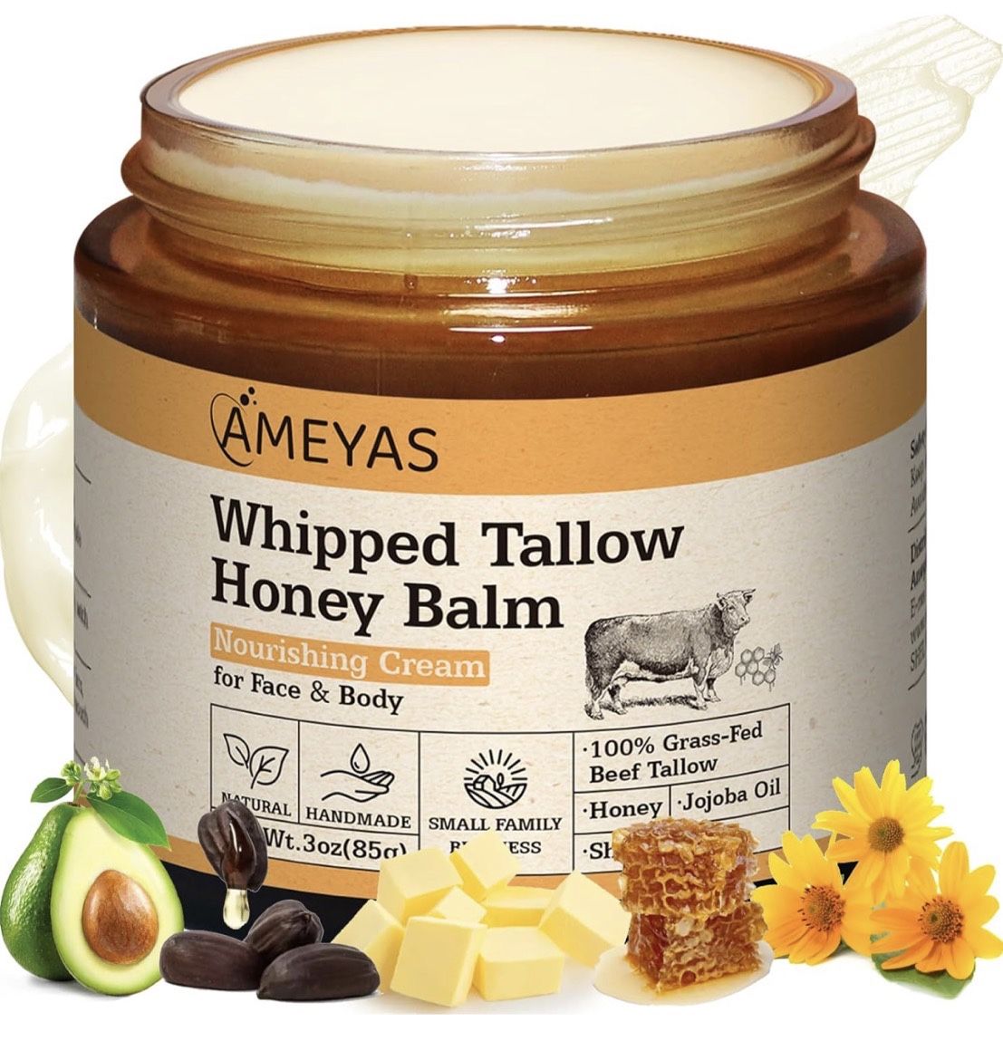 Beef Tallow for Skin - Handmade Whipped Tallow Balm with Shea Butter - 100% Grass Fed Beef Tallow for Skin Care Face Body - Whipped Moisturizer for Se