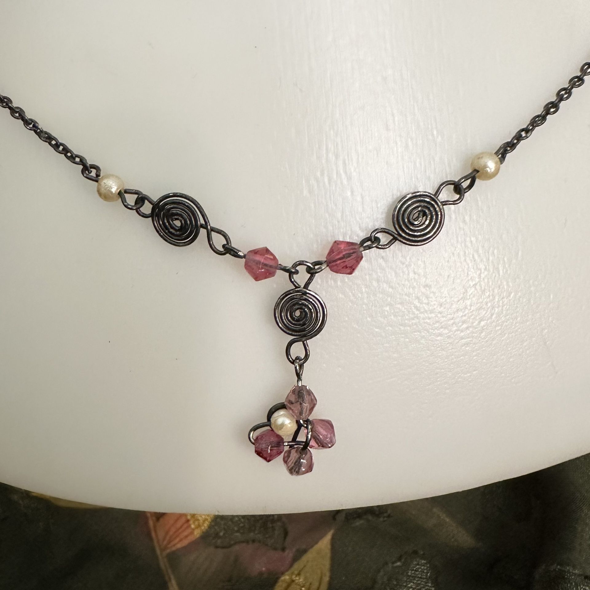 925 Sterling Silver Lariat Purple and Pink Crystal Butterfly And Crème Pearl Swirl Wire Handmade 17” Necklace Hers Teens Gift