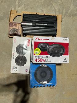 Assorted Car Stereo Equipment Lot – Mostly Brand New in Box – Sold as One Lot five new speakers, one Tweeter wiring and one amp