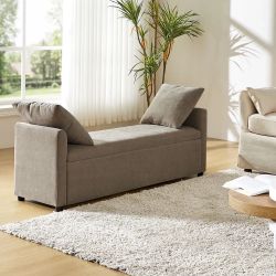 NEW Modern Neutral Taupe Upholstered Bench with Storage and 2 Pillows 