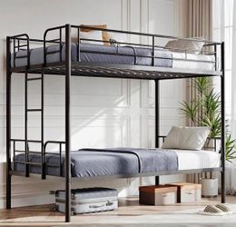 Metal Bunk Bed Twin Over Twin Size with Ladder and Guardrail, Sturdy Heavy Duty Slats Support Bed Frame, Space Saving, No Box Spring Needed, Black