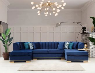 Navy Blue Double Chaise Velvet Sectional