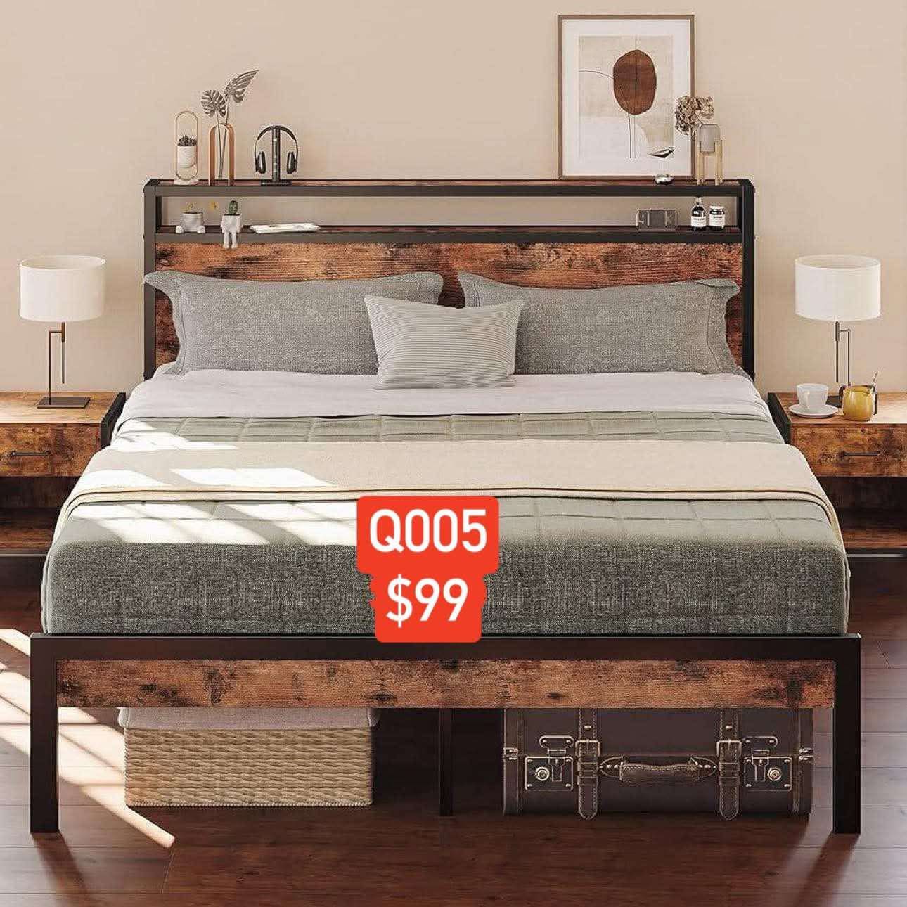 Queen Bed Frame, Platform Bed Frame with 2-Tier Storage Headboard and Strong Support Legs 005