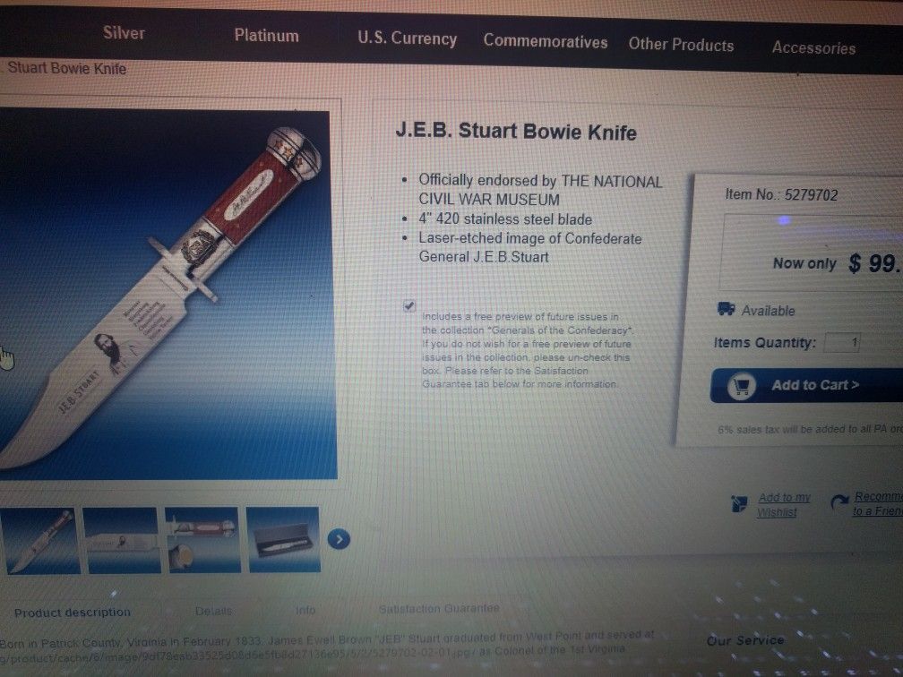 American mint, Generals of the Confederacy Civil War J.E.B Stuart Bowie Knife with Case