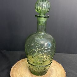 Vintage Green Glass Grape Embossed Wine Decanter 