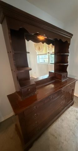 Vintage Sears Open Hearth Triple Dresser & Mirrored Hutch - Solid Wood