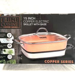 Brand New In The Box 15” Copper Electric Skillet With Base. Retails for $85.