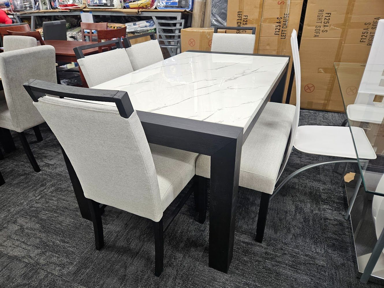 New stock faux marble 6pc dining table set with bench