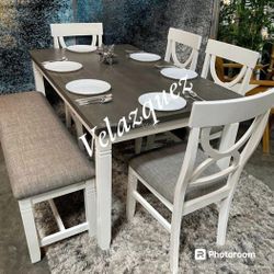 ✅️ ✅️(6 pc white & grey finish wood dining table set grey padded seat chairs and bench✅️