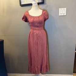 Women's Pink Smocked Puff Sleeve Midi Dress