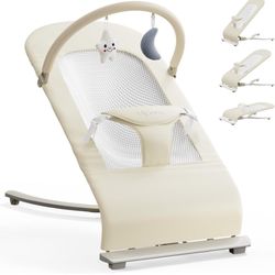 3-in-1 Portable Baby Bouncer & Rocker Chair for Newborn to Toddler - 4 Adjustable Recline Positions, Breathable Cotton Fabric, Natural Vibration, Supp