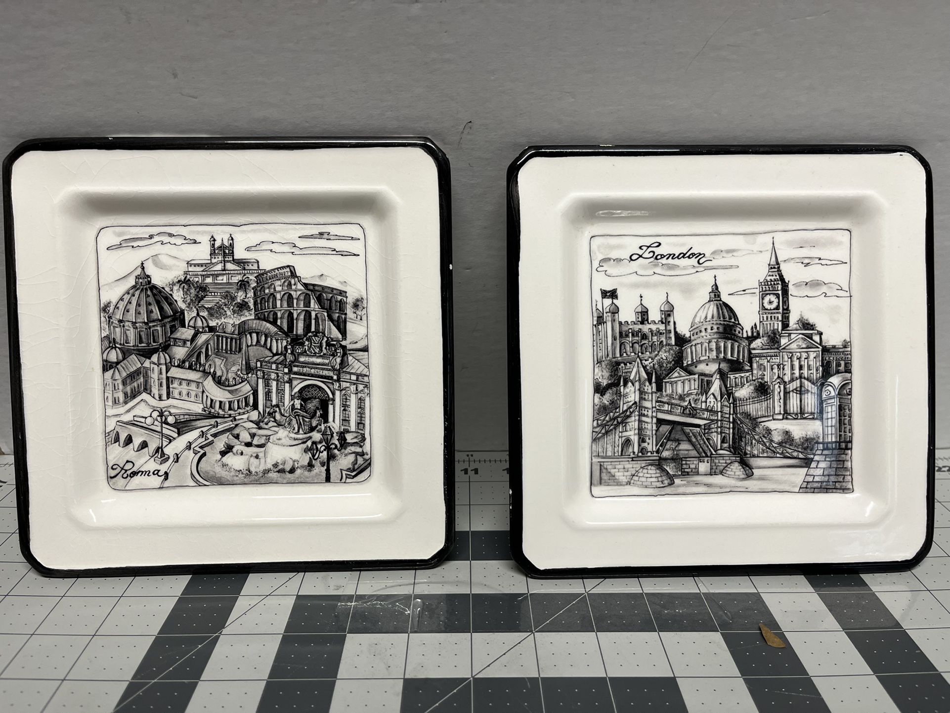 Set of two square plates by cities, Rome and London, 8x8 inches, Made in Italy  As shown on the photos have small imperfections