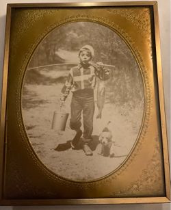 Vintage Ornate Gold Brass Frame with Nostalgic Barefoot Fishing Boy Print & Dog – Oval Mat (7.5” x 6”)