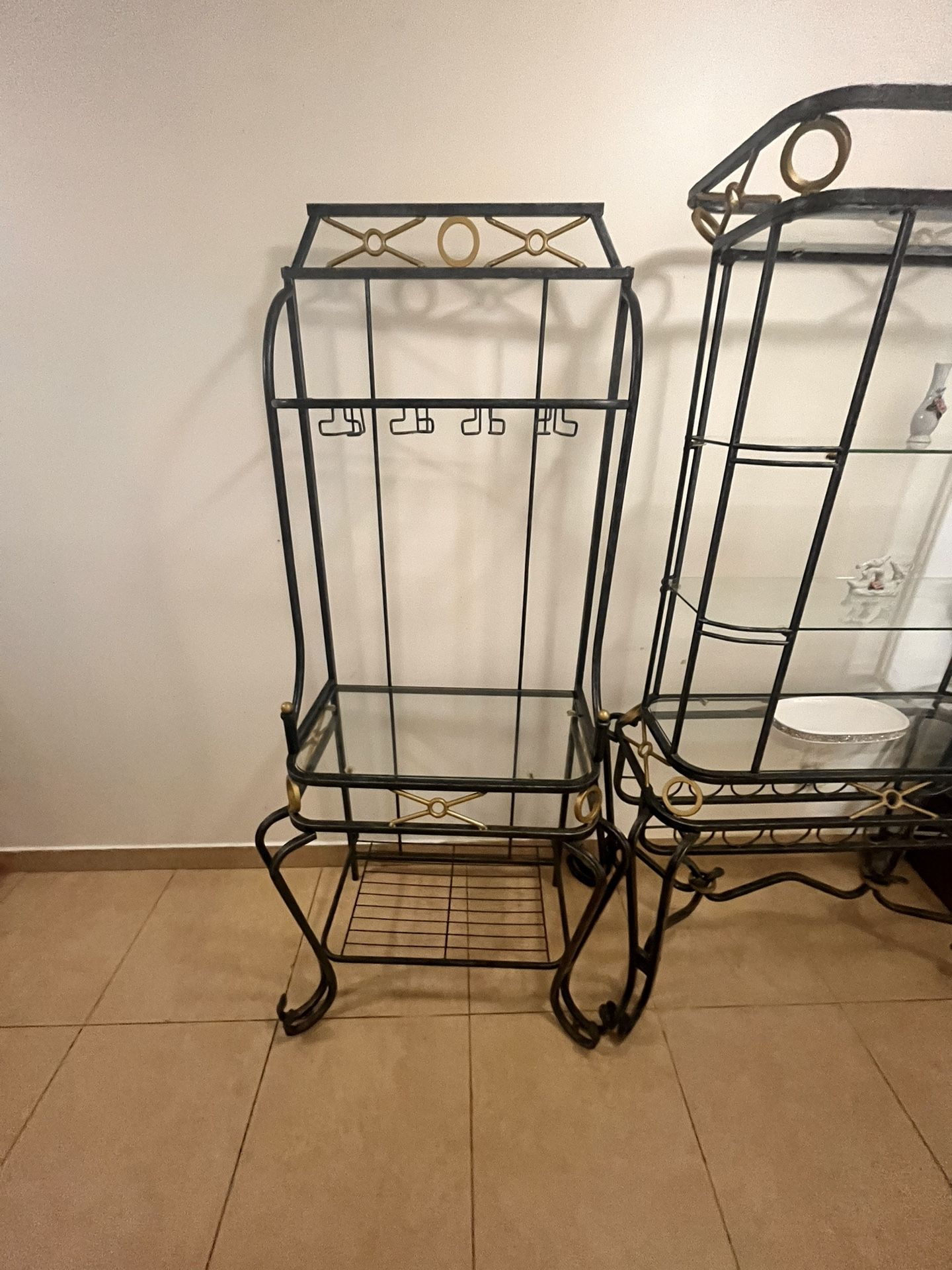 2 black& gold metal bakers rack with glass shelves 