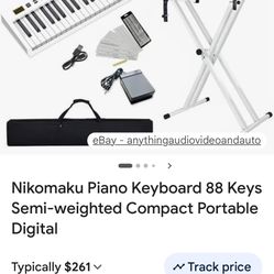 NikoMaku Piano Keyboard 88 Keys with Bench and Stand, Semi weighted Portable Digital Piano for Beginners, SWAN-S White, with Headphones, Stickers, Car