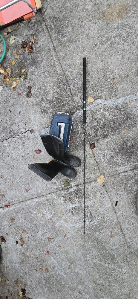 Fishing rod, accessories and boots size 9