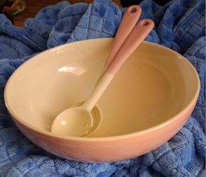 Vintage Universal Potteries Pink Ballerina Salad Bowl with Matching Salad Forks.
Made In the USA