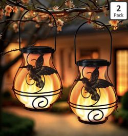 Solar Lanterns Outdoor 2-pack Waterproof Flickering Flame Lights Hummingbird Metal Hanging Lantern