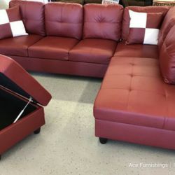 Brand New Red Leather Sectional With Storage Ottoman 