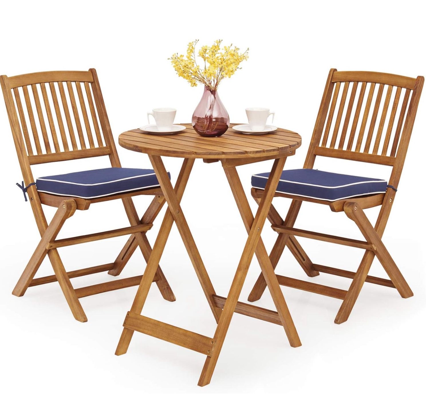 Indoor / Outdoor Patio Folding Wooden Furniture Set ~ 1 Round Table & 2 Chairs