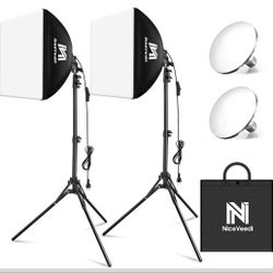 Softbox Lighting Kit, NiceVeedi 2-Pack 16'' x 16'' Softbox Photography Lighting Kit with 63” Tripod Stand & 5400K 450W Equivalent LED Bulb, Continuous