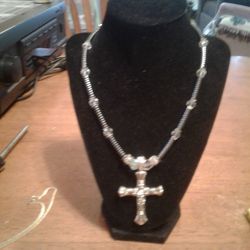 Cross, Silvertone With Metal Beads And Crystal's. 18" Chain, 2 3/4" Cross
