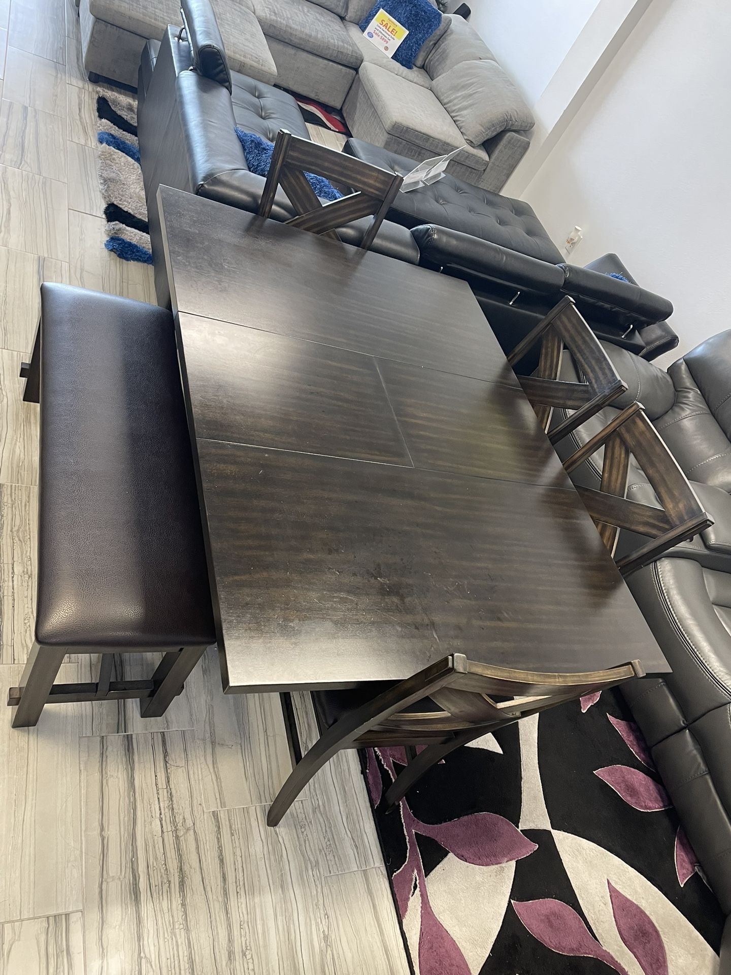Summer clearance sale. Kelly adjustable dining table with four chairs and bench only $699. Easy finance option. Same day delivery.