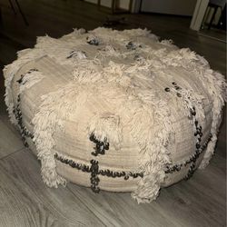 White/ beige & silver Moroccan shag ottoman pouf