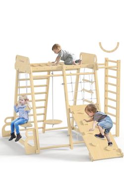 Indoor Playground 9-in-1 Jungle Gym Kids Climbing Toys, Montessori Philosophy Waldorf Style Wooden C