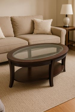 Wood Oval Glass Coffee Table – Used
