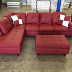New Red Leather Sectional Sofa Couch With Storage Ottoman And Pillows New In Packaging 