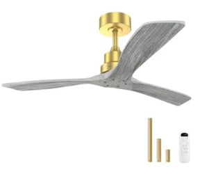 Sofucor 52 in. Indoor/Outdoor Gold Modern Downrod Mount Ceiling Fan with 3-Carved Wood Gray Blade 6-Speed Remote Control
