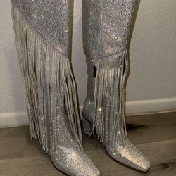 Women's Chunky Heel Crystal Tassel Fringe Knee High Boots