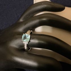 Silver Plated With Genuine Clear Crystal And Aqua Rhinestone…size 7