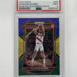 2022-23 Prizm - RARE SSP PSA 9 Choice Blue Yellow & Green Shaedon Sharpe RC