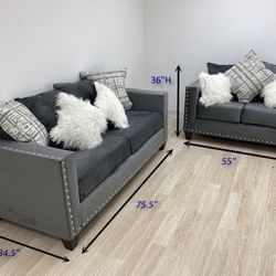 Velvet Sofa & Loveseat W/Nailhead Trim