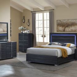 Bedroom Set 4 Pc Dark Grey Finish, LED Light in Headboard. New Especial Price 