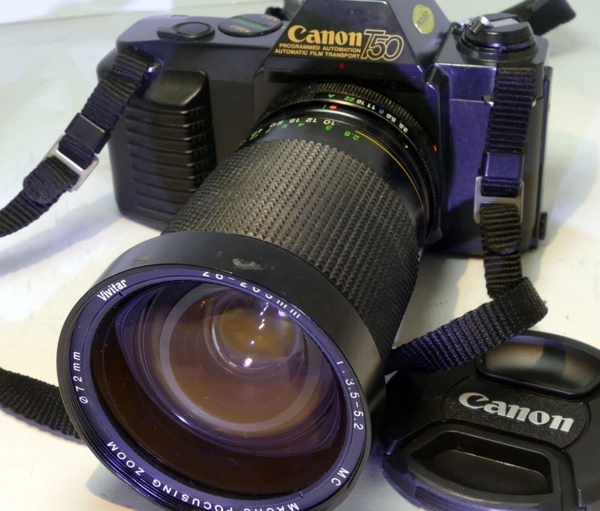 Canon T50 35mm Slr Film Camera With Free Vivitar 28-205mm Fd Lens - Camera Works
